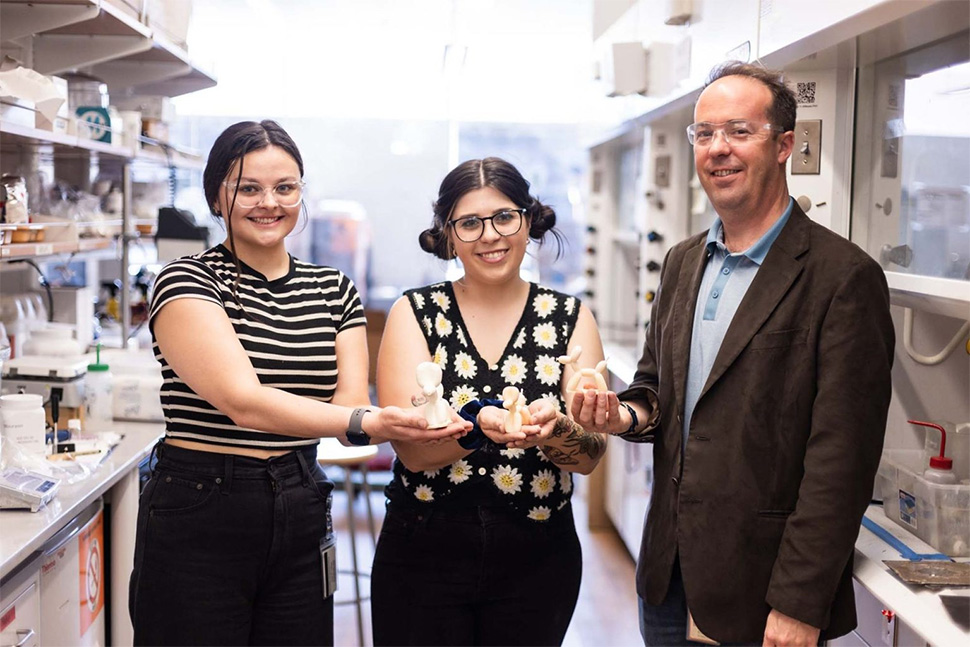 UT Dallas chemistry doctoral students Ariel Tolfree and Rebecca Johnson worked with Dr. Ron Smaldone, associate professor of chemistry and biochemistry, to develop a new type of 3D-printed foam that’s stronger and more recyclable than conventional materials.