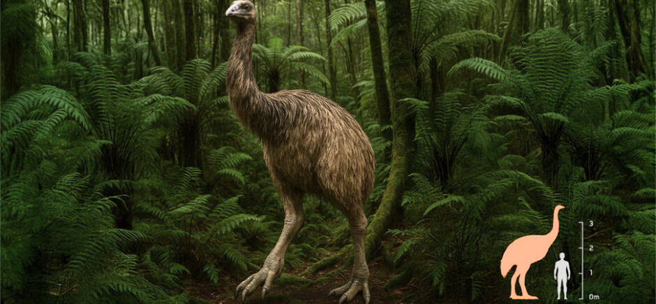 The South Island giant moa towered over New Zealand's forests for millions of years before becoming extinct within a century of Polynesian settlement around 1400 CE. Colossal Biosciences plans to resurrect the 500-pound birds using ancient DNA extracted from cave deposits and artificial egg technology. [Source image: Colossal Biosciences]