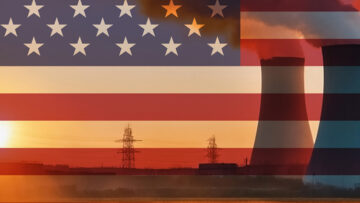 Nuclear power plant at sunset with U.S. flag overlay; Certrec supports every nuclear reactor facility in the U.S.