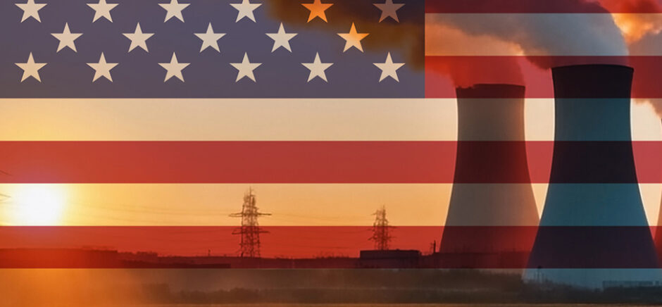 Nuclear power plant at sunset with U.S. flag overlay; Certrec supports every nuclear reactor facility in the U.S.