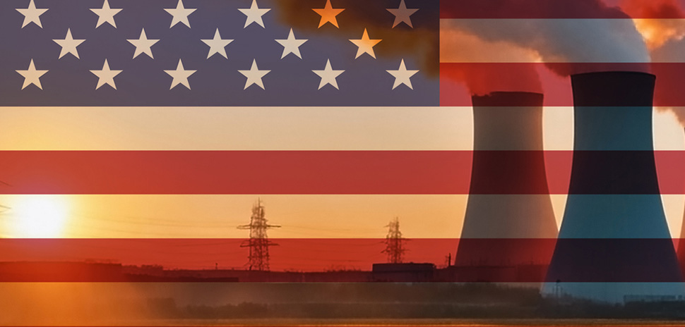 Nuclear power plant at sunset with U.S. flag overlay; Certrec supports every nuclear reactor facility in the U.S.