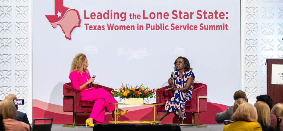 ABC 20/20 co-anchor Deborah Roberts (left) in conversation with moderator Sara Madsen Miller at the "Leading the Lone Star State: Texas Women in Public Service Summit." Roberts shared hard-earned wisdom with the audience: "Be self-assured. Know your story. Don't doubt who you are." [Photo: Leo Gonzalez/TWU]