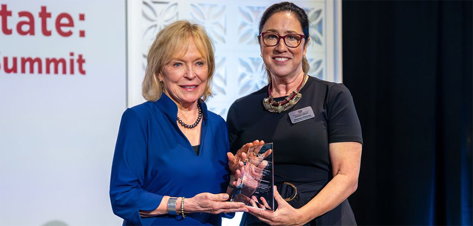 The Honorable Myra Crownover, left, was presented the Jane Nelson Institute for Women's Leadership's Distinguished Public Service Award by the institute's executive director and chief officer, Shannon Mantaro. [Photo: Leo Gonzalez/TWU]



 the "Leading the Lone Star State: Texas Women in Public Service Summit" on Sept. 19. [Photo: Leo Gonzalez/TWU]