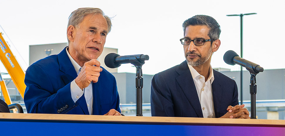 Texas Governor Greg Abbott, left, and Alphabet and Google CEO Sundar Pichai at Google's Midlothian Data Center campus. [Photo: Office of the Governor]