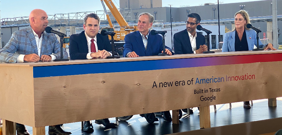 From left: U.S. Rep. Jake Ellzey, U.S. Deputy Secretary of Energy James Danly, Texas Gov. Greg Abbott, Google CEO Sundar Pichai, and Amanda Peterson Corio, Google's global head of data center energy. [Photo: Dallas Innovates]