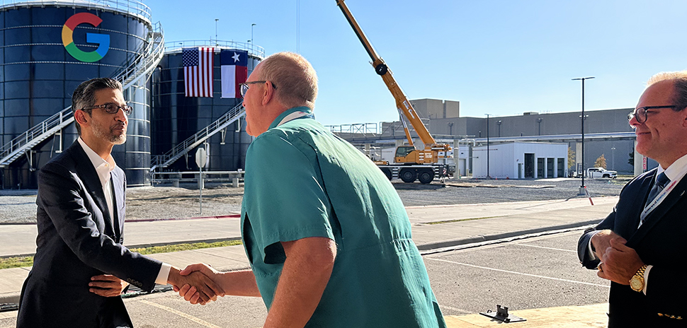 Google CEO Sundar Pichai talks with guests moments after he announced three new data center campuses and an energy strategy centered on bringing net-new generation to the Texas grid. [Photo: Dallas Innovates]