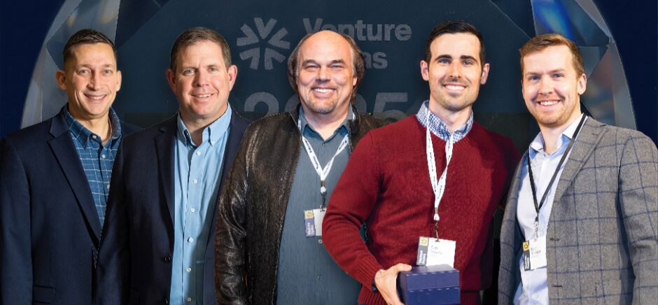 Among the leaders of the 2025 Venture Dallas Startup of the Year winners are BILT Inc. President and COO Ahmed Qureshi and Chairman and CEO Nate Henderson; Worlds CEO Dave Copps; and StableCore CEO Alex Treece and COO Nick Elledge. [Composite image: DI Studio]