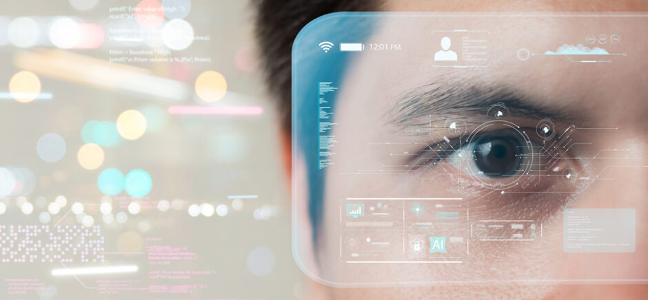 The metaverse universe, Man wearing augmented reality on virtual screen future technology, The real world with the virtual world overlapped, transformed into the virtual world.