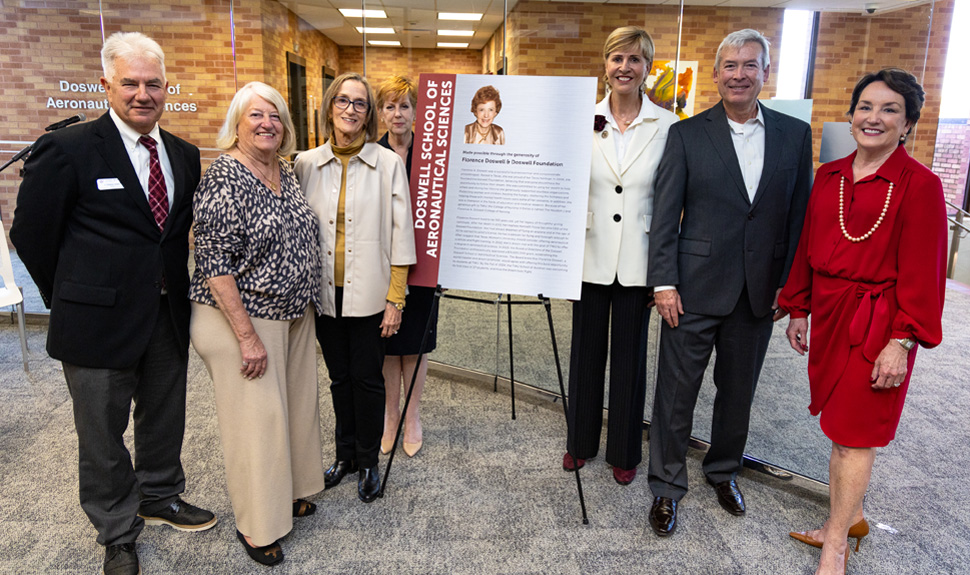 Leadership from TWU and the Doswell Foundation at the ribbon cutting for the expanded Doswell School of Aeronautical Sciences. From left: Director J. Clinton Grant, foundation CEO Beverly Fricke, board members Rita Mills, Stephanie Woods, and Stephen Rodrick, with Chancellor Carine M. Feyten and donor Cindy Weber. The aviation program was made possible by a $15 million founding gift from the foundation. [Photo: Texas Woman's University]