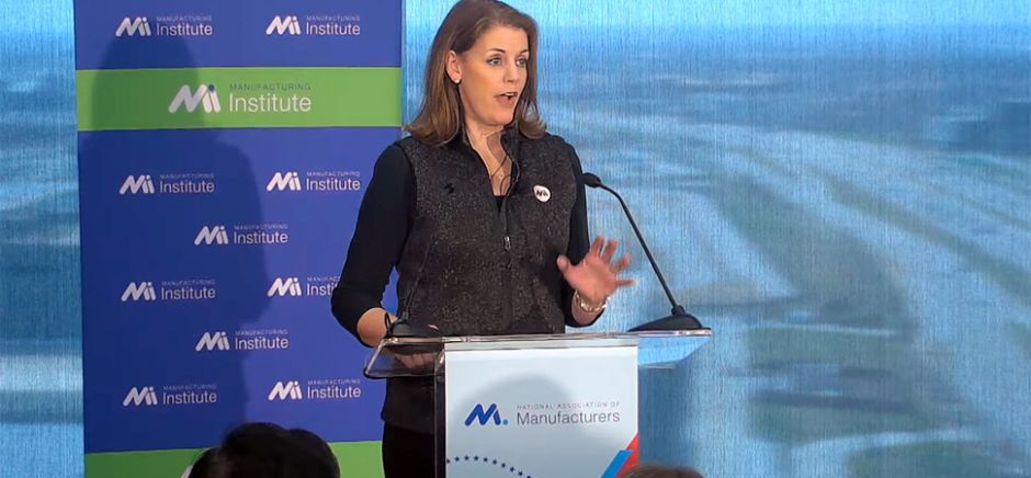 Manufacturing Institute President Carolyn Lee delivers the annual State of the Manufacturing Workforce Address at NTT DATA's North American headquarters in Plano on Feb. 25, 2026. [Screenshot/NAM YouTube]
