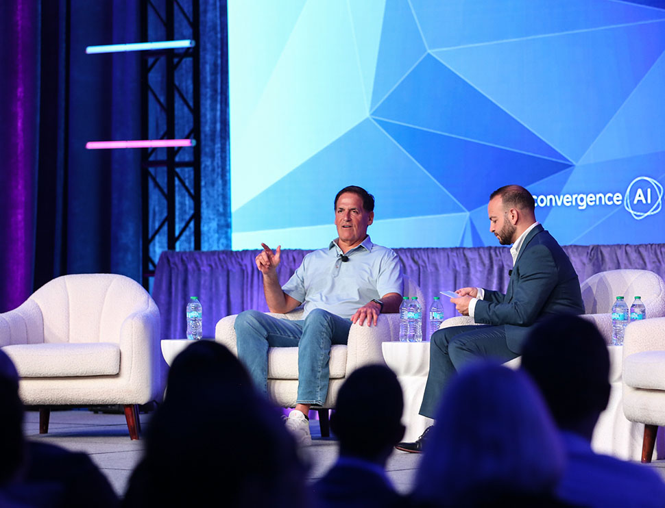 Mark Cuban joins Alex Kantrowitz, host of the Big Technology Podcast, onstage at Convergence AI Dallas 2026 in Irving on March 31. [Photo:  Sandra Louz/DRC]