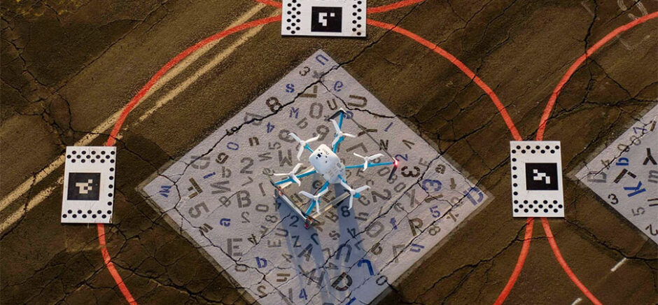 An MK30 drone on a landing pad. Amazon began commercial drone service with the MK30 in College Station, Texas, and the Phoenix metro area in November 2024. [Photo: Amazon]