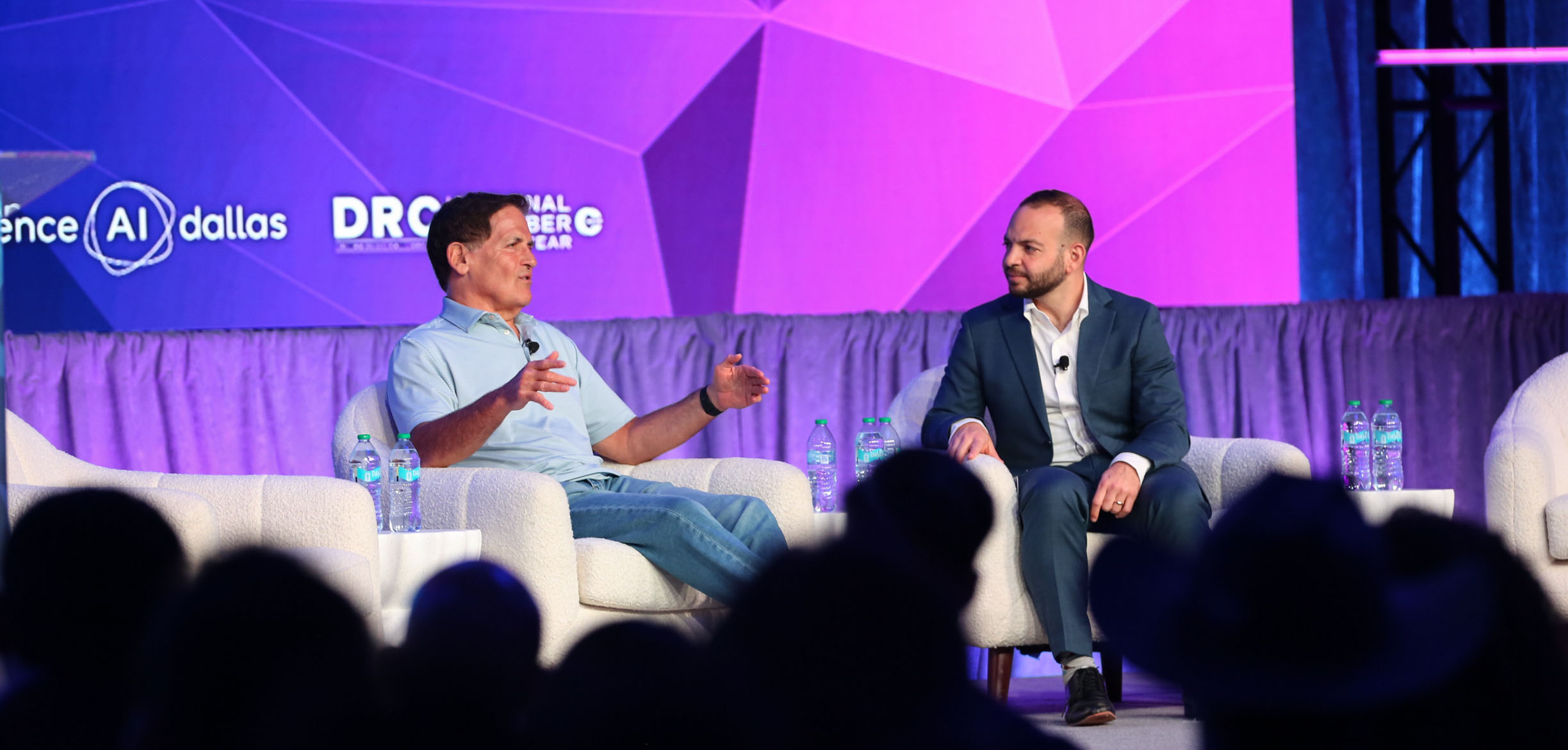 Mark Cuban joins Alex Kantrowitz, host of the Big Technology Podcast, onstage at Convergence AI Dallas 2026 in Irving on March 31. [Photo:  Sandra Louz/DRC]