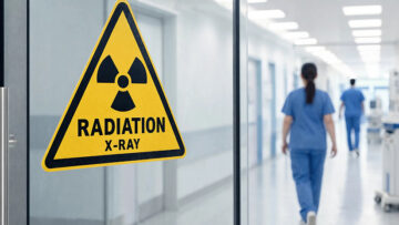 Medical lab hallway with radiation sign