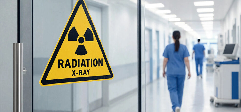 Medical lab hallway with radiation sign