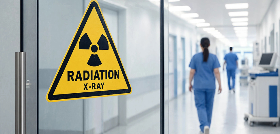 Medical lab hallway with radiation sign