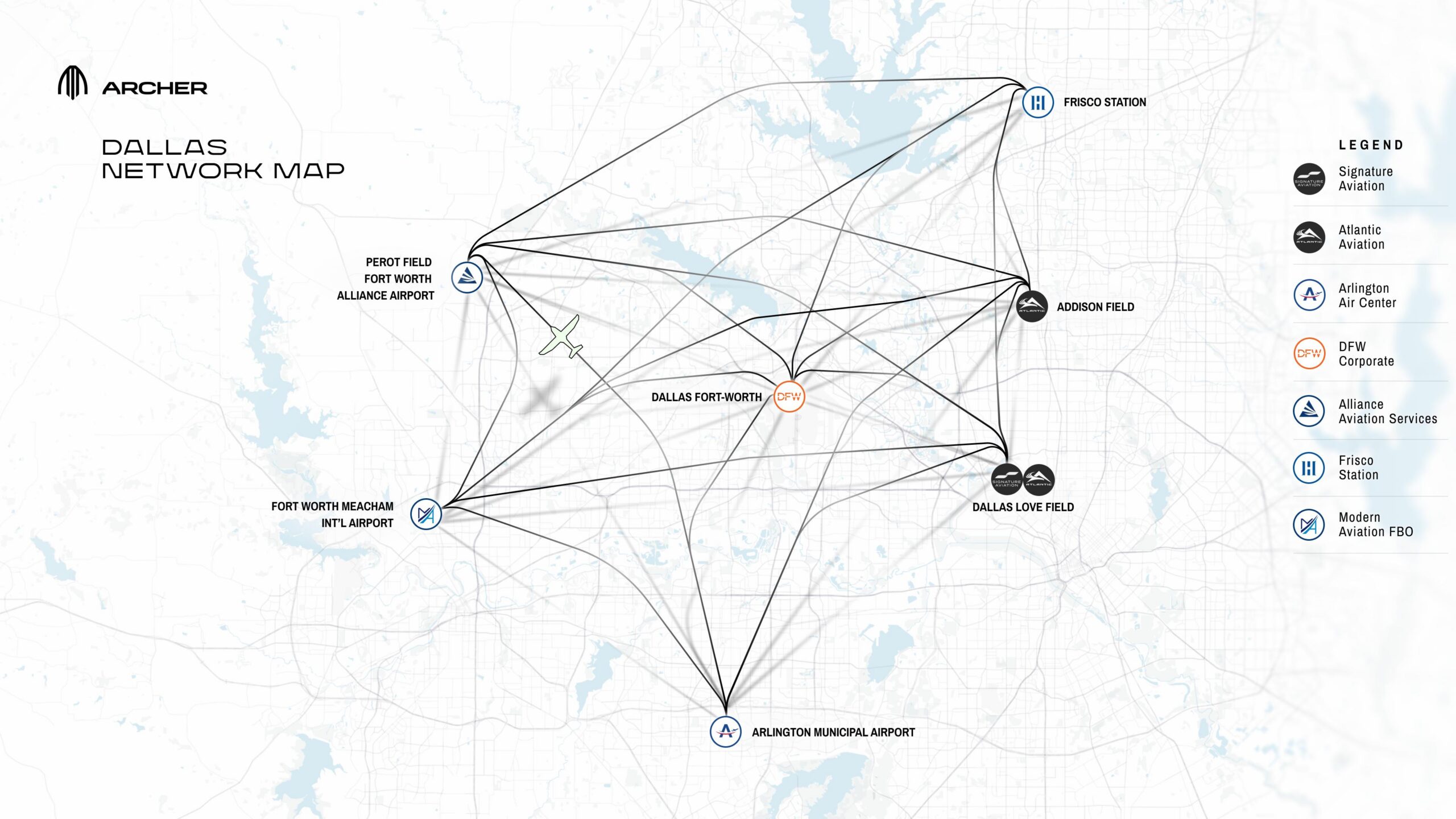 Archer Aviation air taxi route map of Dallas