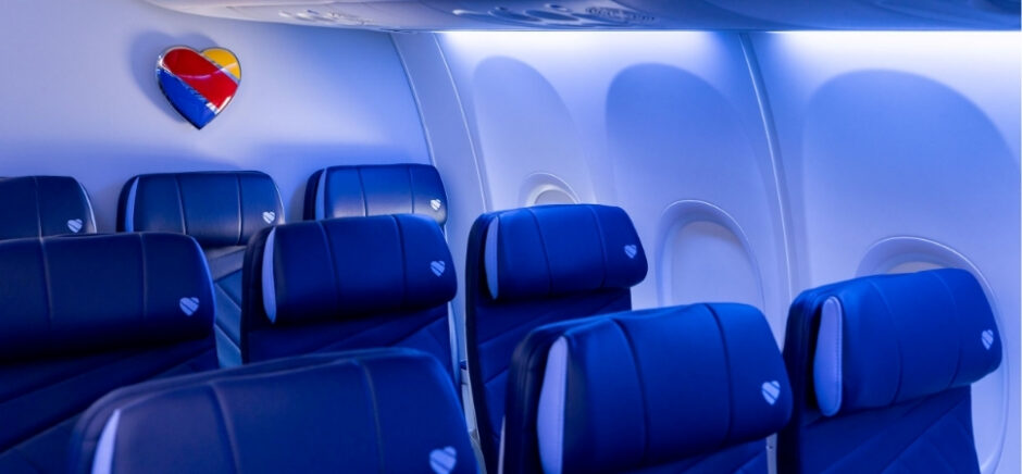 Inside of a Southwest airplane.